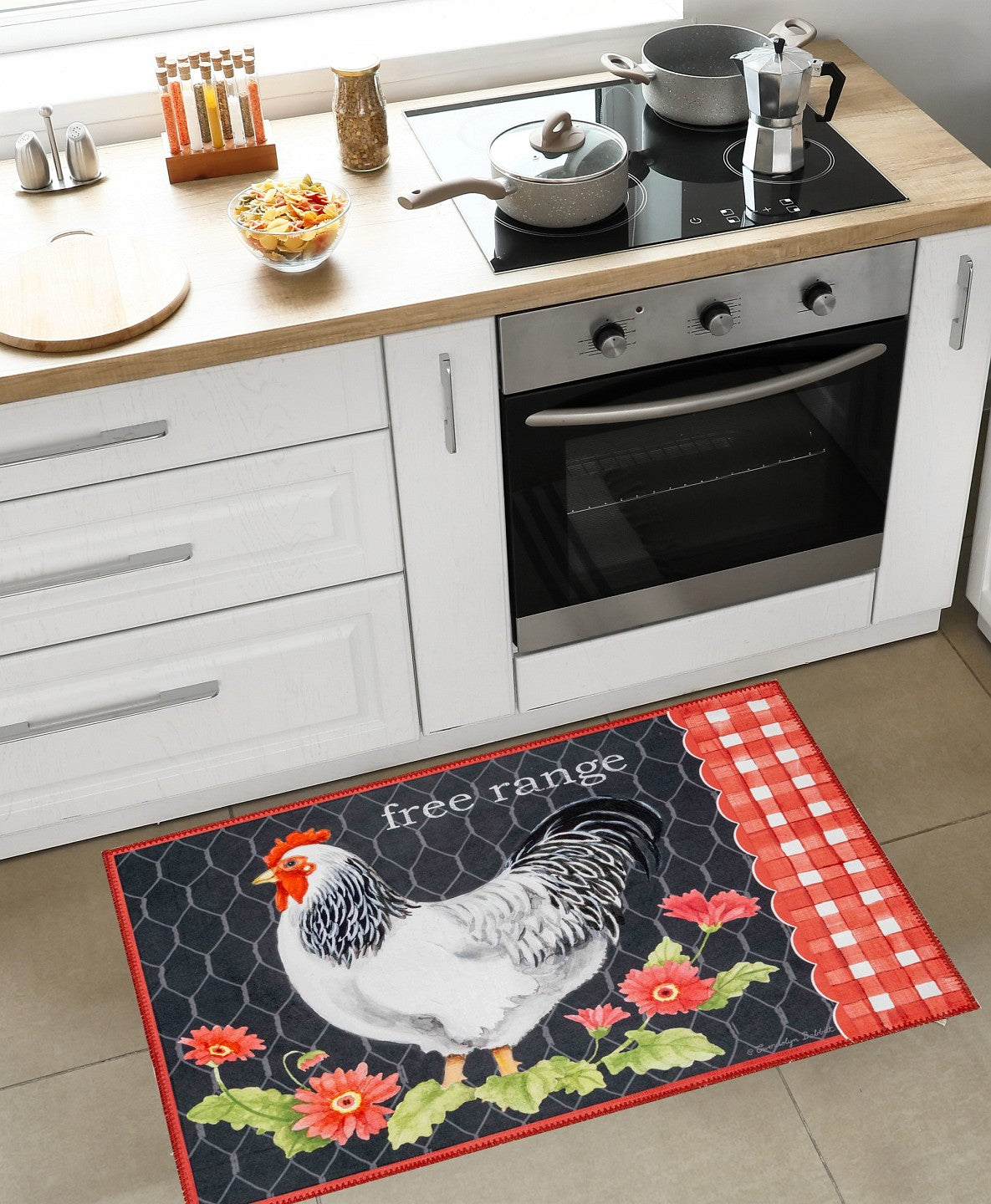 Rooster with Red Gingham  Olivia's Home Accent Rug with Chicken Washable Rug 22" x 32"