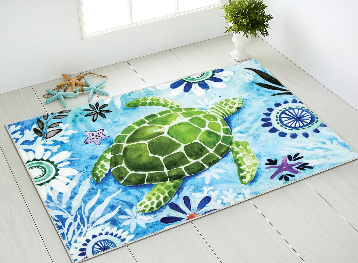 Sea Creatures Olivia's Home Accent Rug Turtle Themed Rug  with Turtle Washable Rug 22" x 32"