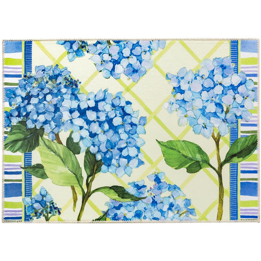 Blue Hydrangea Lattice Olivia's Home Accent Washable Rug 22" x 32"