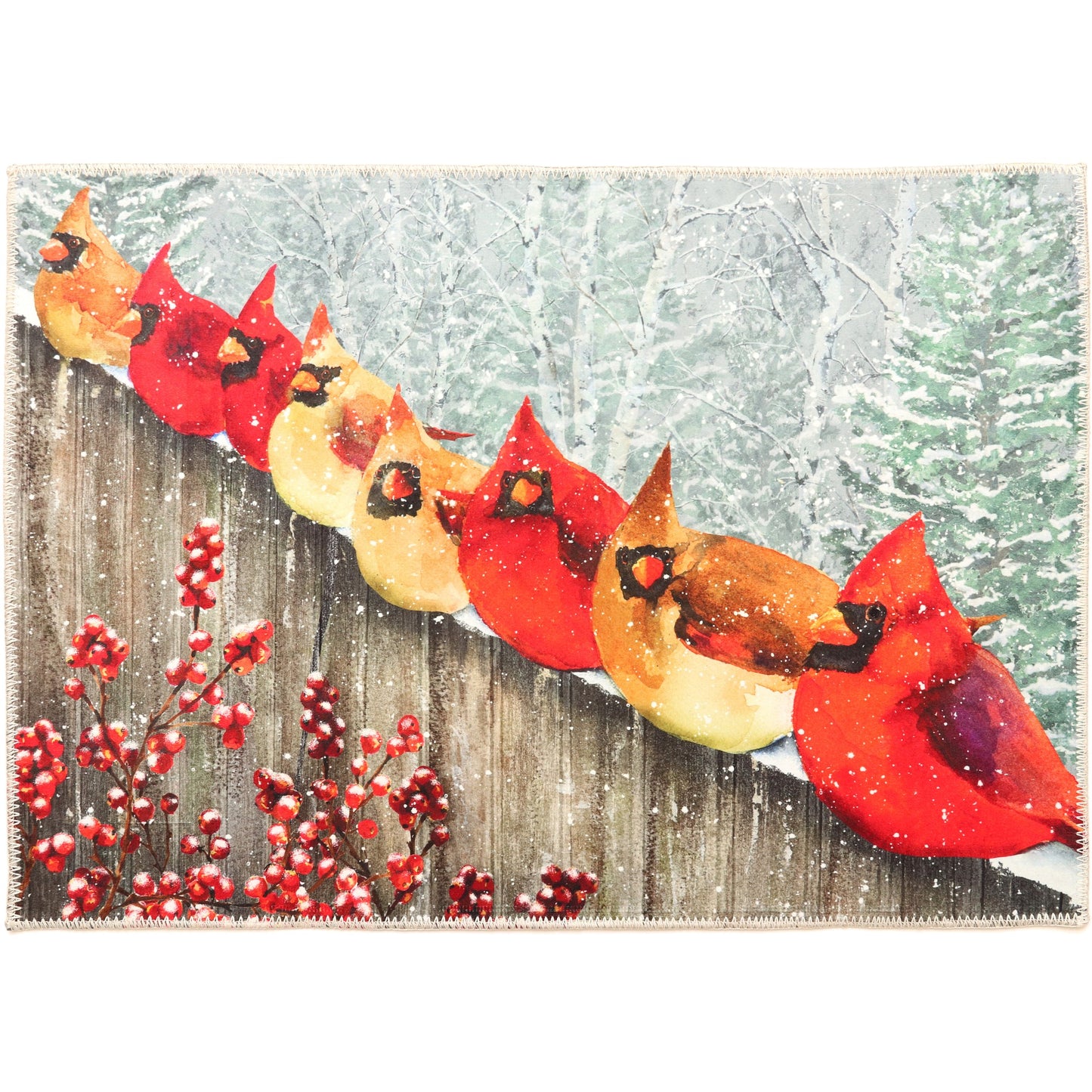 Winter Cardinals on Fence Olivia's Home Accent Washable Rug 22" x 32"