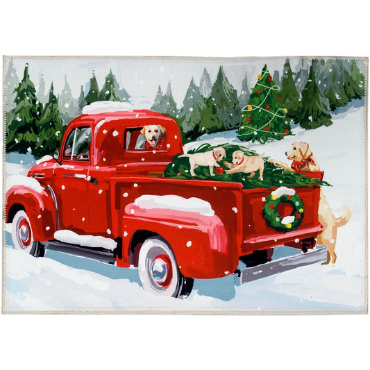 Cherry Red Pickup & Puppies Olivia's Home Accent Rug Christmas Themed Rug 22" x 32"