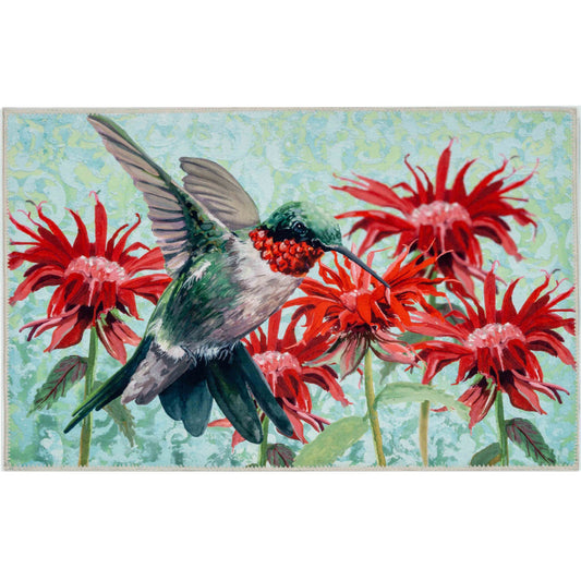 Hummingbird in Scarlet Blossoms Olivia's Home Accent Rug Bird Themed Washable Rug 22" x 32"