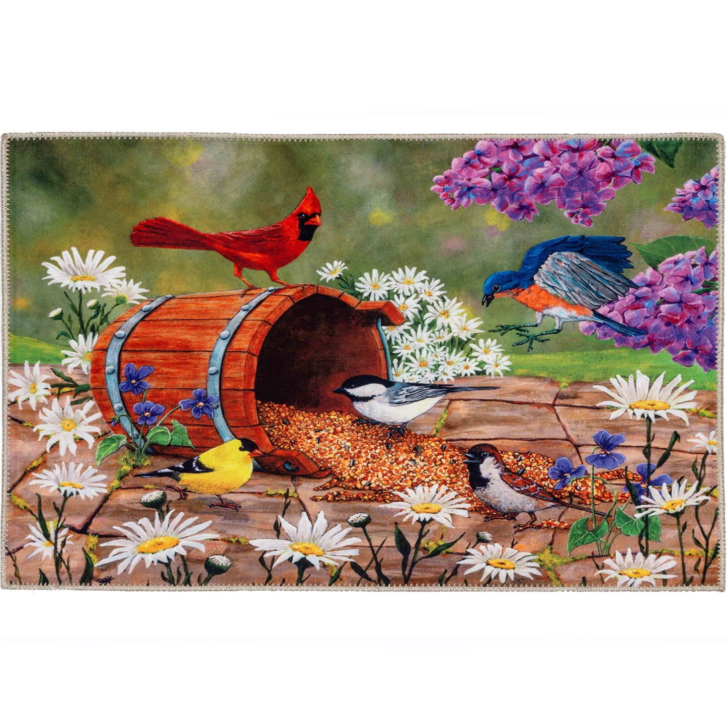Bird Seed Barrel Olivia's Home Accent Rug with Birds Floral Washable Rug 22" x 32"