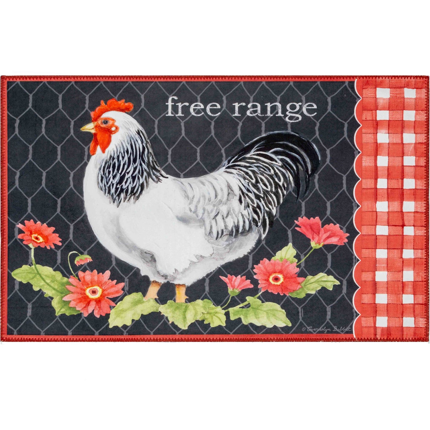Rooster with Red Gingham  Olivia's Home Accent Rug with Chicken Washable Rug 22" x 32"