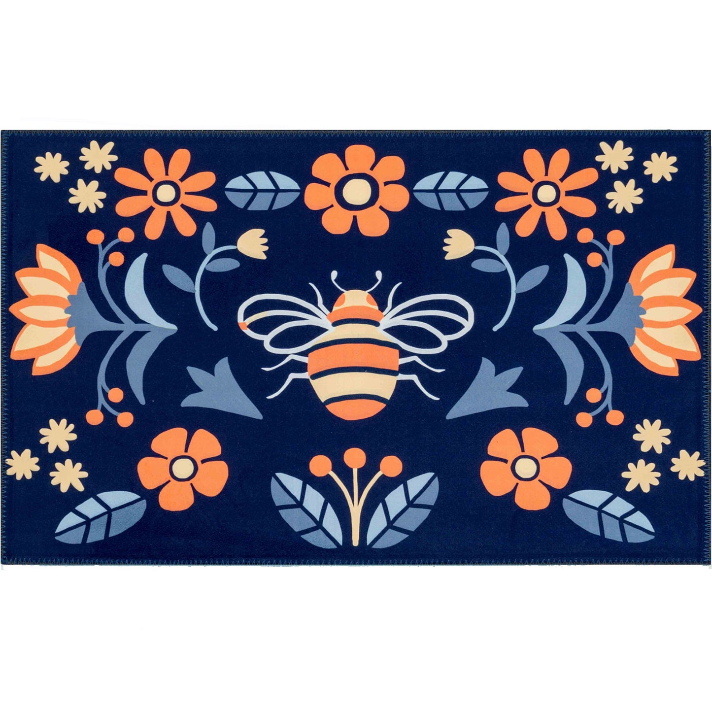 Spring Bees On Navy Olivia's Home Accent Rug with Flowers Floral Washable Rug 22" x 32"