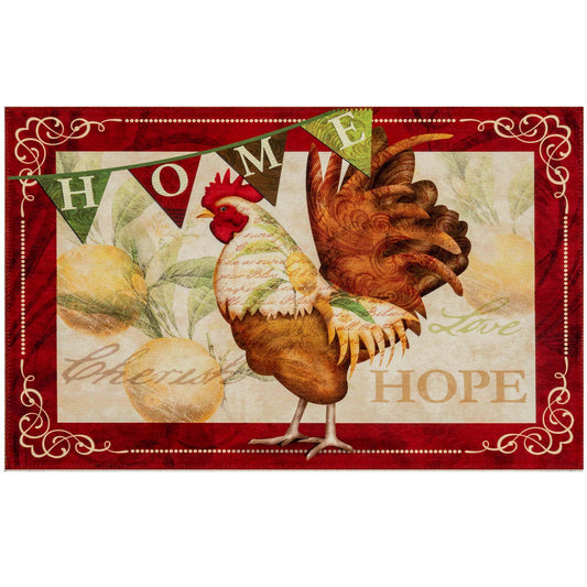 Early Riser Olivia's Home Accent Rug with Rooster Chiken Themed Washable Rug 22" x 32"