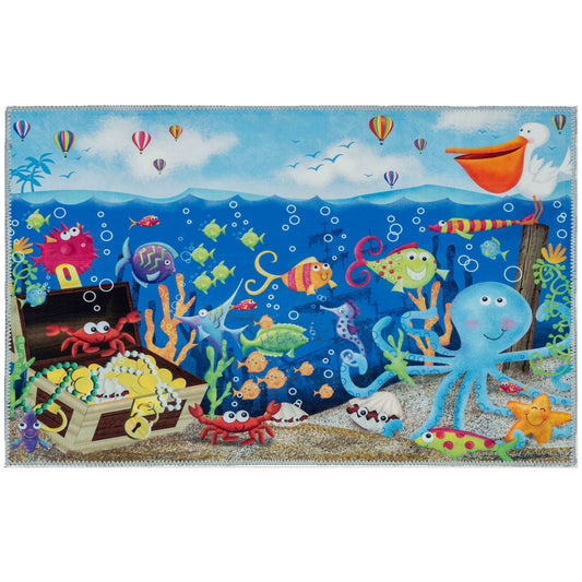 Party Under The Sea Olivia's Home Accent Rug with Fish Crabs Ocean Coastal Washable Rug 22" x 32"