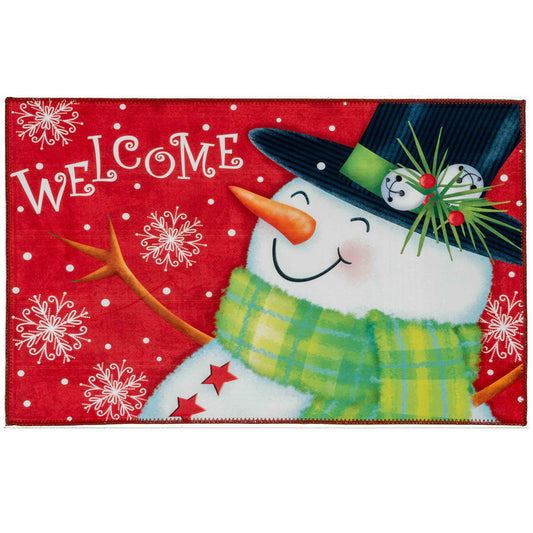 Welcoming Snowman Olivia's Home Accent Rug Winter Seasonal Washable Rug 22" x 32"